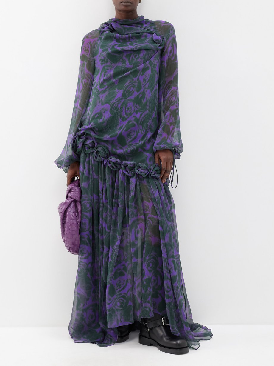 Burberry Robe longue en mousseline drapée à imprimé roses
