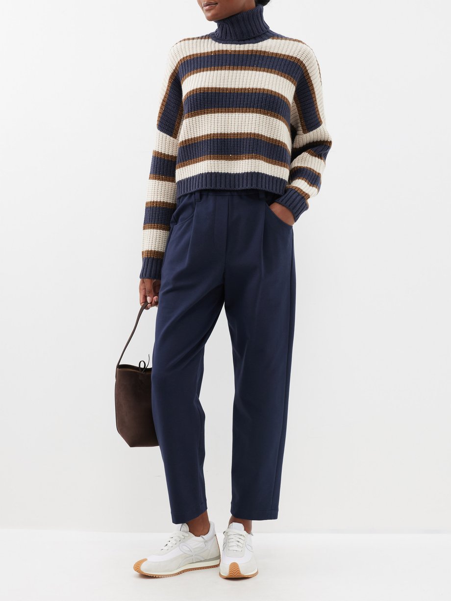 Navy Sequinned striped-cashmere roll-neck sweater | Brunello