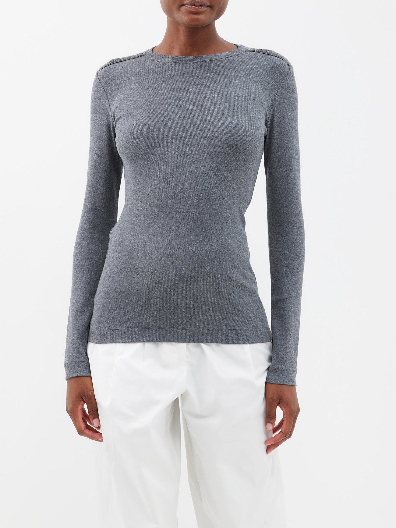 Grey Monili-trim cotton-blend jersey long-sleeved top | Brunello ...
