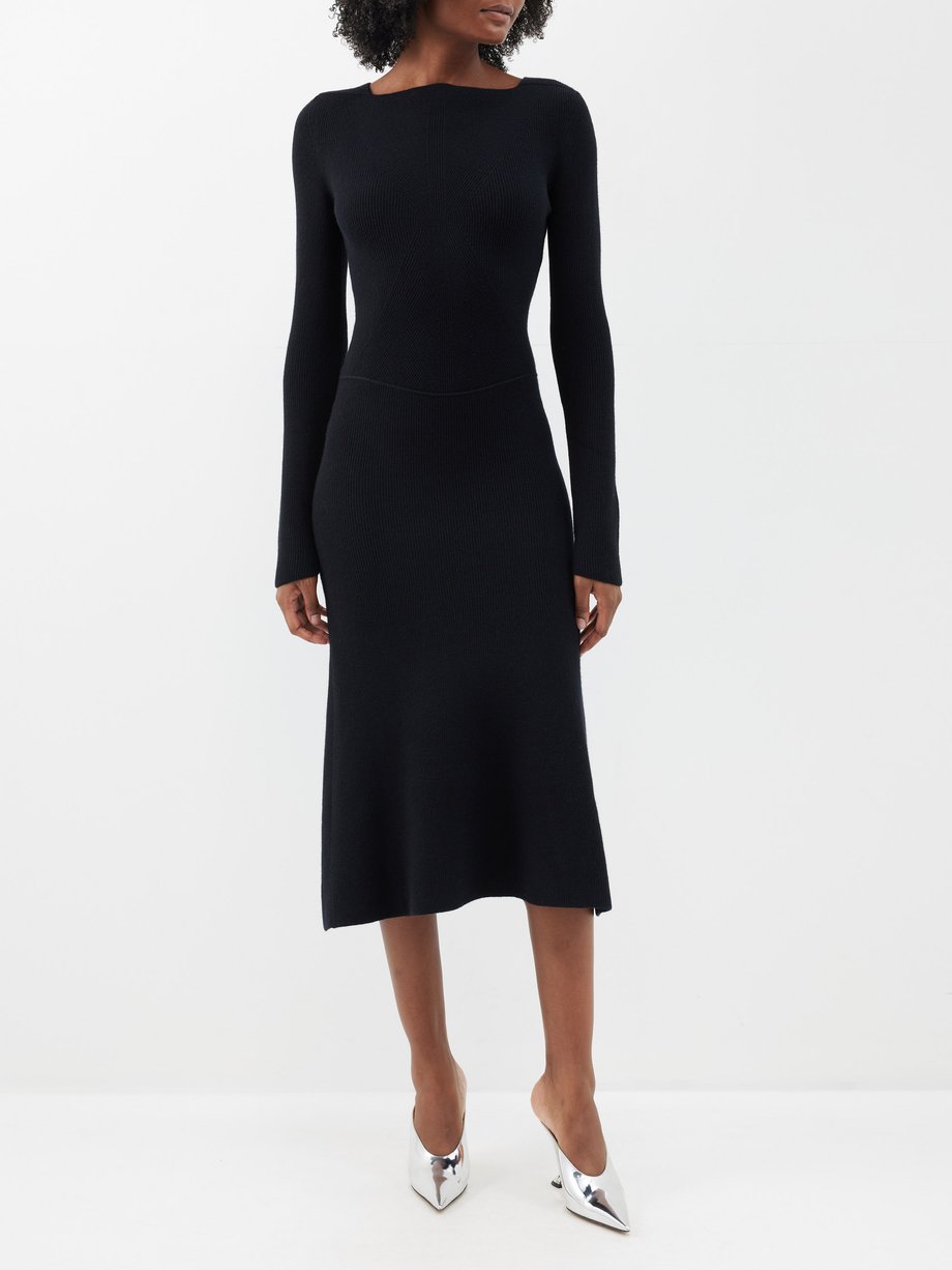 Black Ribbed-knit wool-blend midi dress | Victoria Beckham | MATCHES UK