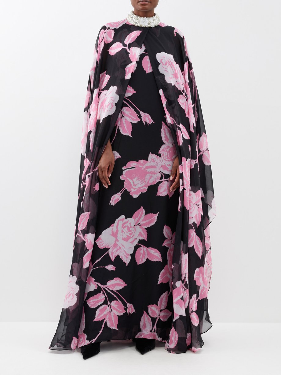 Black Bella floral-print silk-chiffon cape gown | Richard Quinn ...