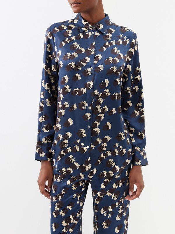 Navy London floral print silk satin pyjama shirt Asceno MATCHES UK