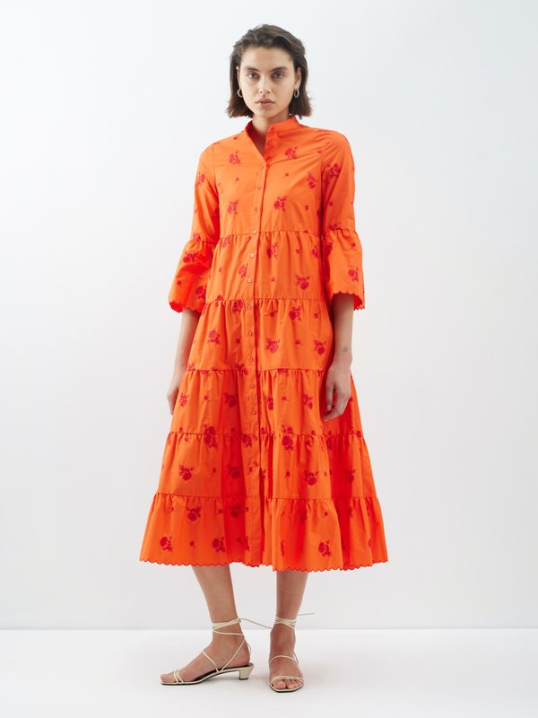 Erdem Floral-embroidered bell-sleeve cotton midi dress