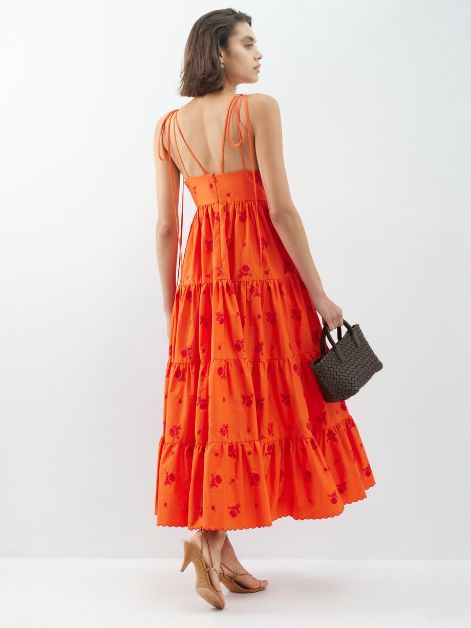 Orange Floral-embroidered tiered cotton-poplin midi dress | Erdem ...