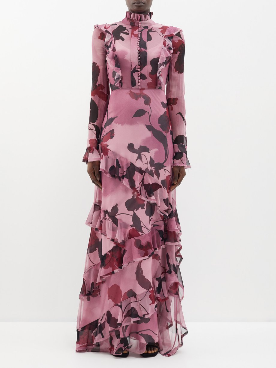 Pink Evelyn floral-print ruffled silk gown | Erdem | MATCHES UK
