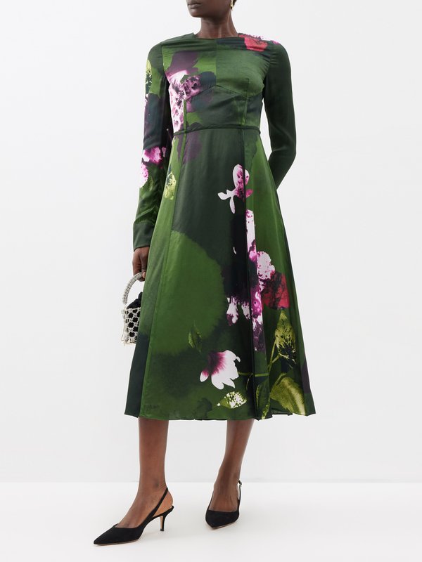 Green Floral Print Dress - Satin Midi Dress - Surplice Dress - Lulus