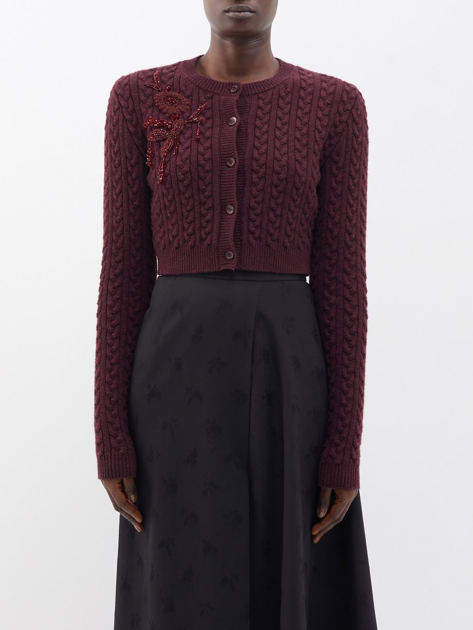 Burgundy Floral-embroidered cable-knit cardigan | Erdem