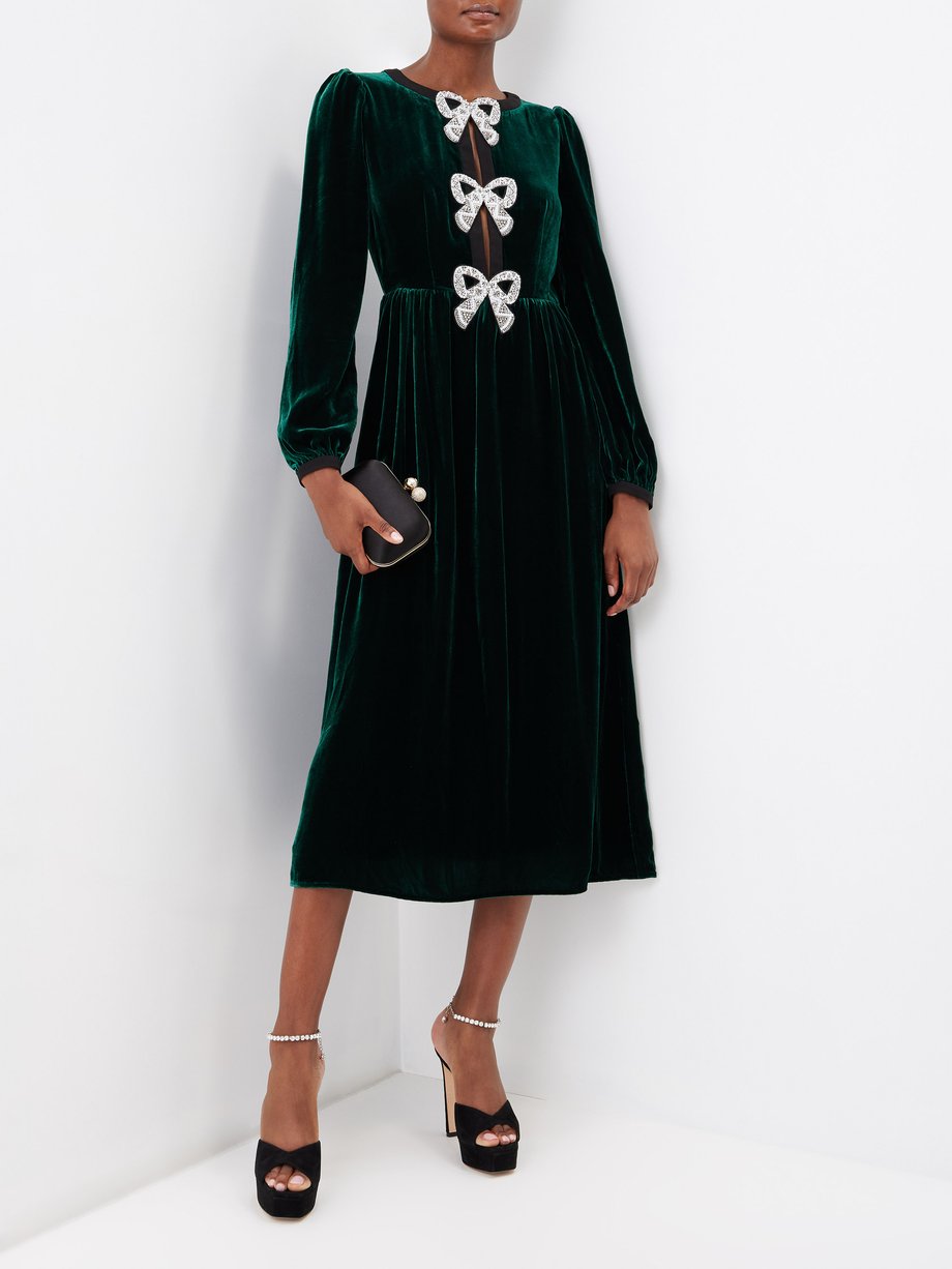 Green Camille crystal-bow velvet midi dress | Saloni | MATCHES UK
