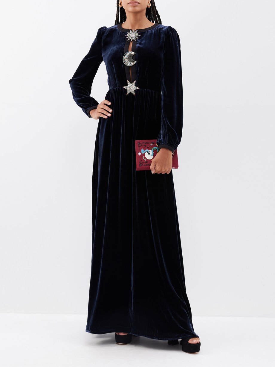Saloni Camille beaded-brooch velvet gown