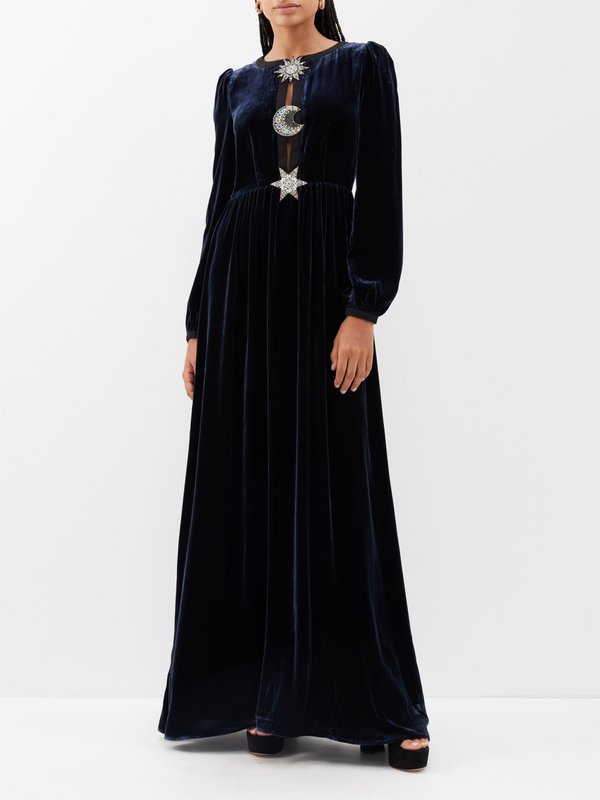 Saloni Camille beaded-brooch velvet gown