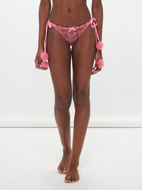 Pink Bobbi pom-pom heart-embroidered tulle thong, Agent Provocateur