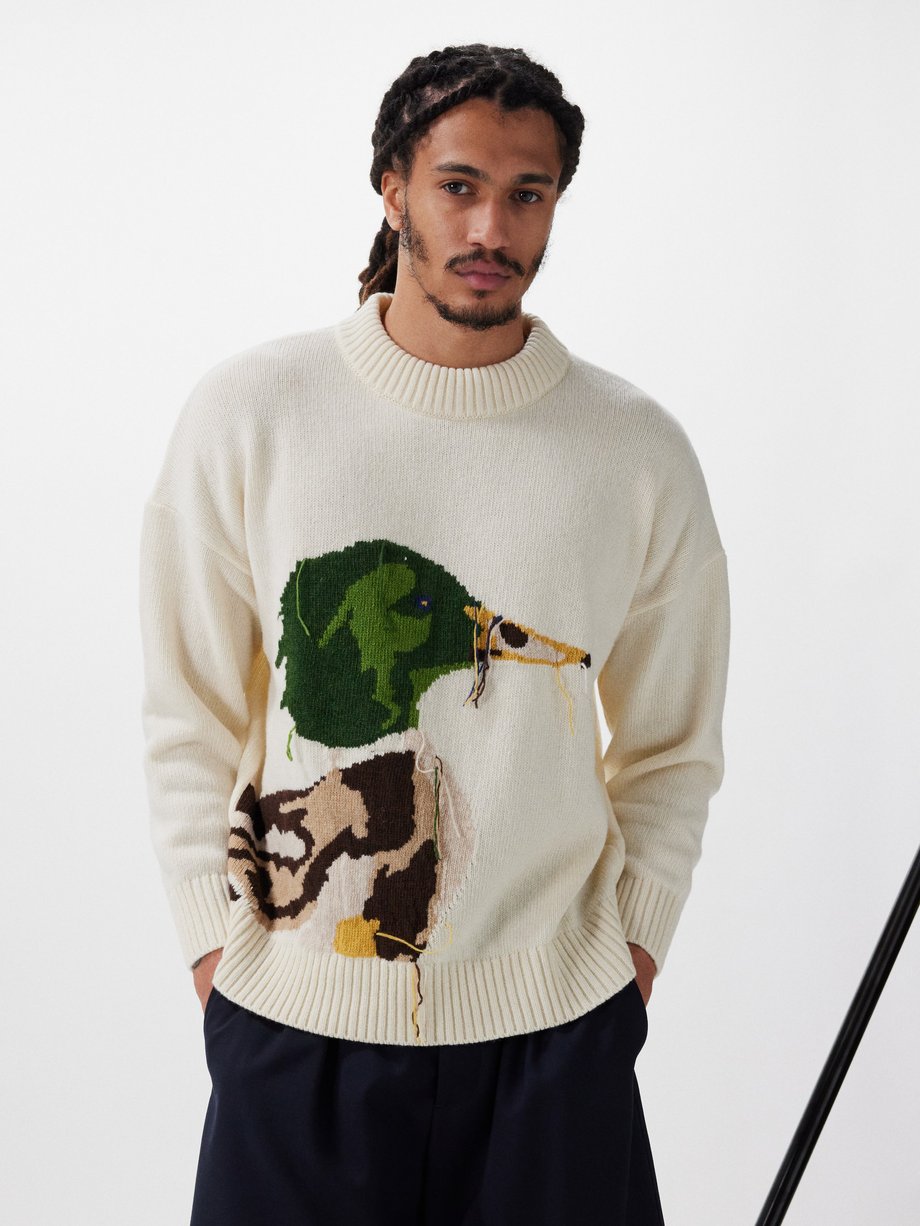 Neutral Francis duck-jacquard lambswool sweater | S.S. Daley ...