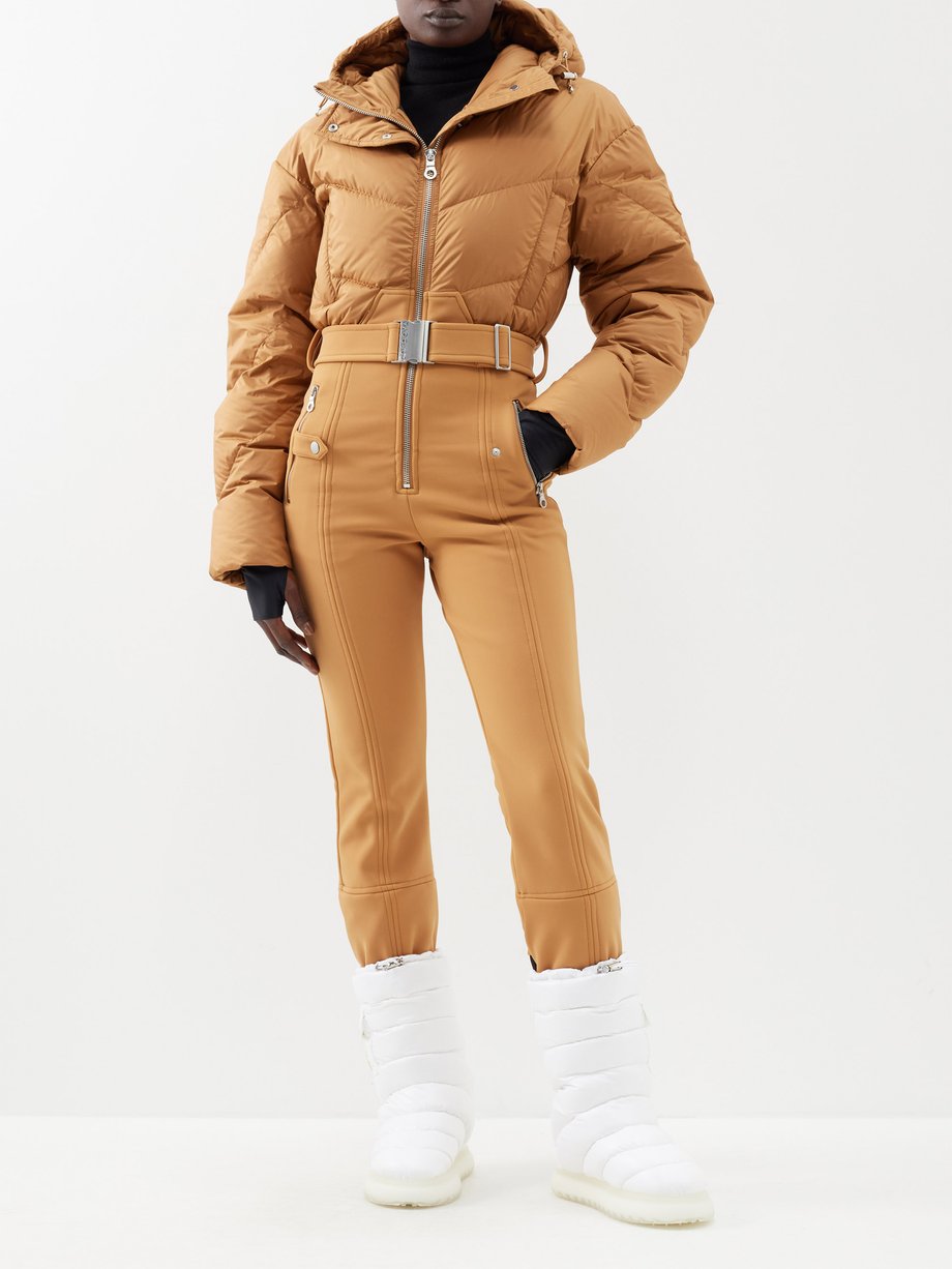 Hooded belted two-tone down ski suit