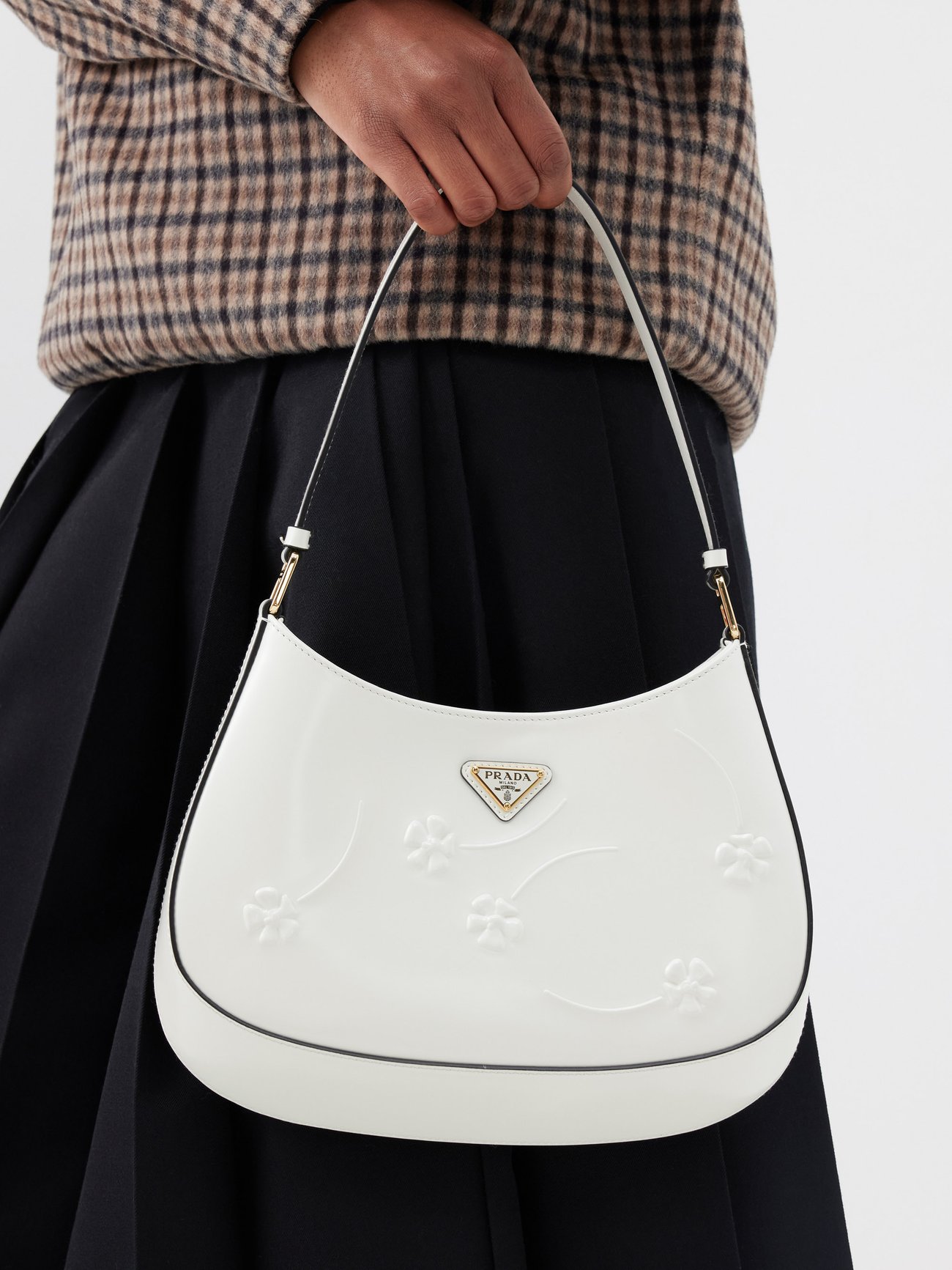 White Cleo flower-embossed leather shoulder bag