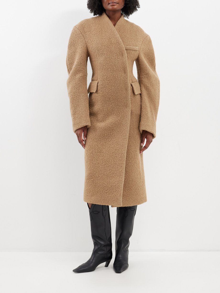 Beige Curved-sleeve bouclé-wool coat | A.W.A.K.E. Mode