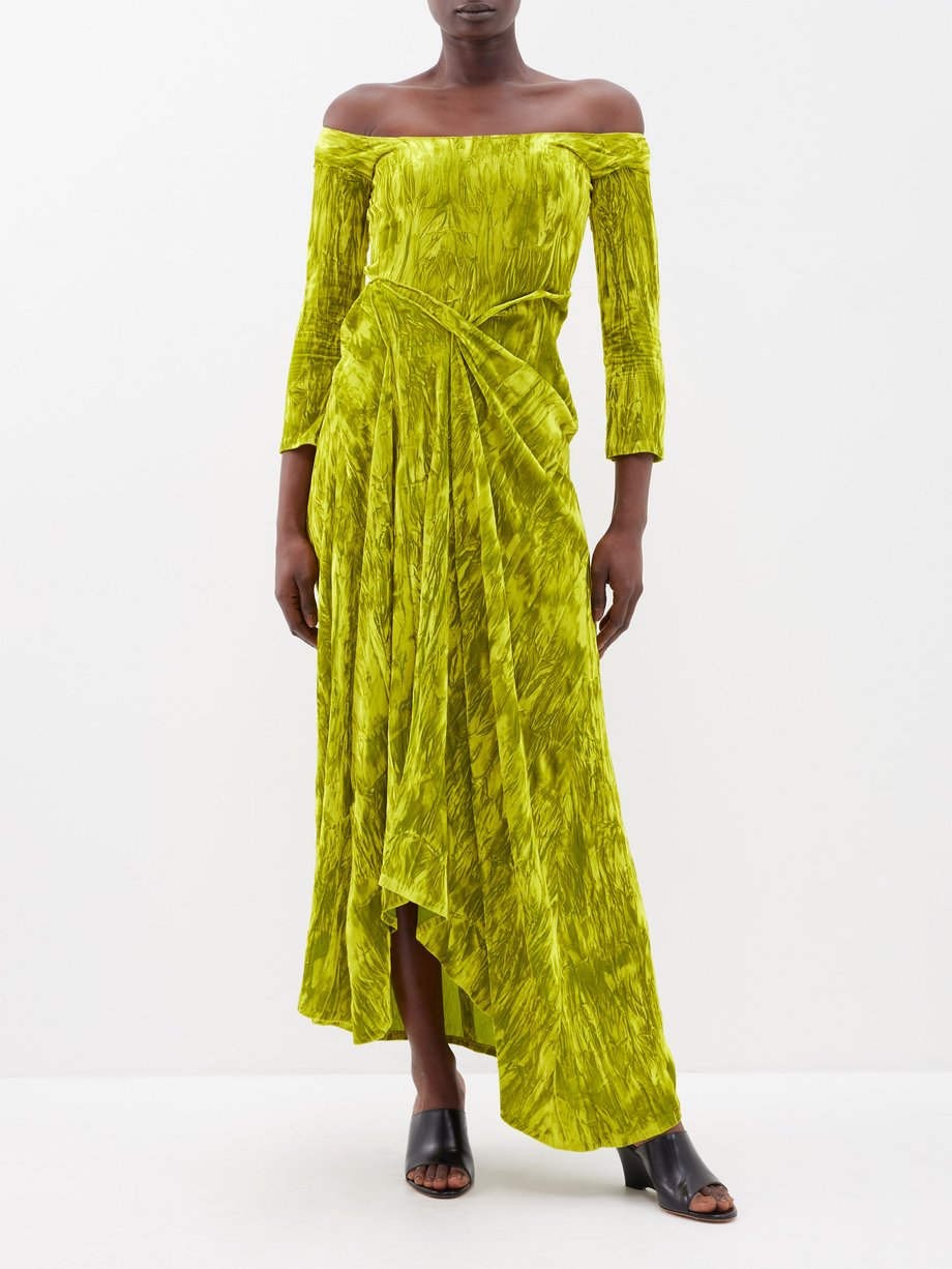 Yellow Off-the-shoulder crushed-velvet maxi dress | A.W.A.K.E. Mode ...