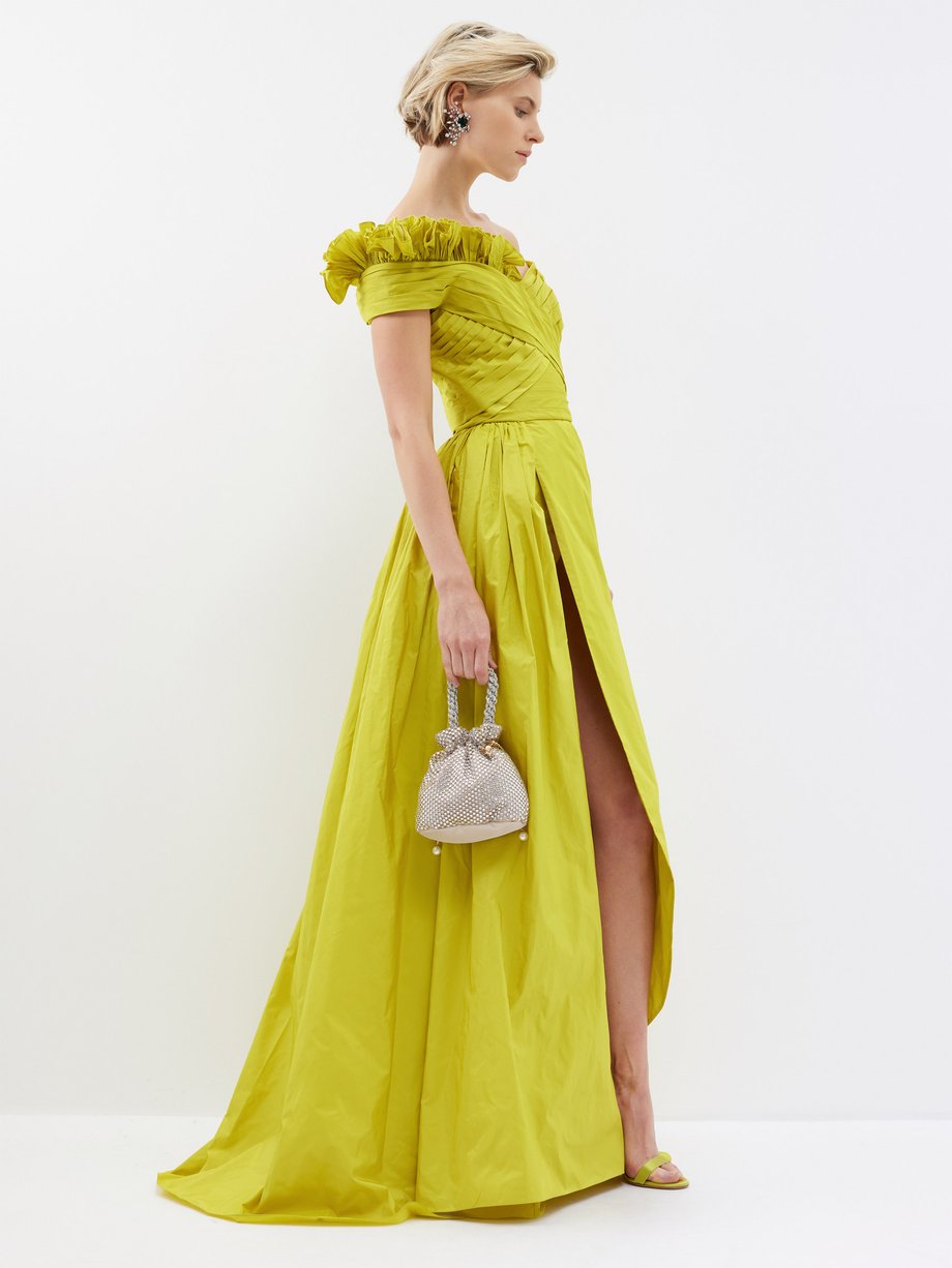 Green Off-the-shoulder pleated taffeta gown | Elie Saab | MATCHES UK