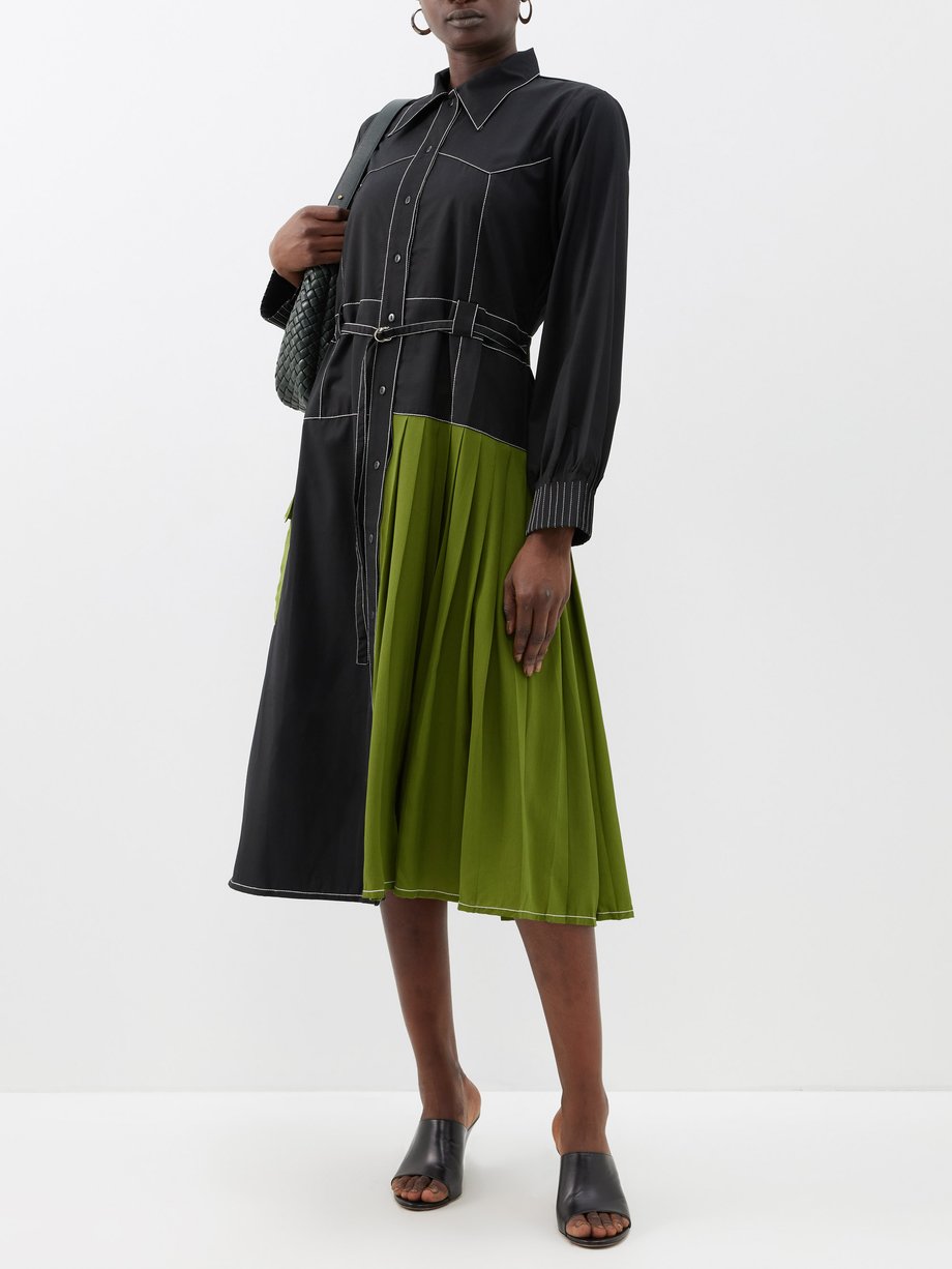 Color Block Splice  Matching Black Green Midi Dresses