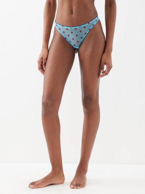 Blue Sparkle floral-embroidered tulle briefs