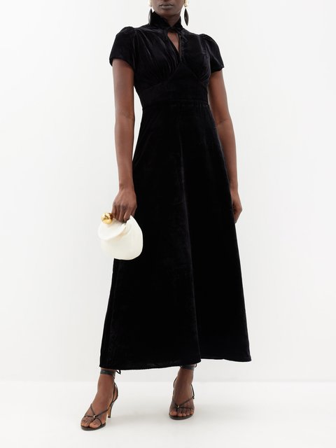 Black The Jacquetta stand collar velvet maxi dress Cefinn