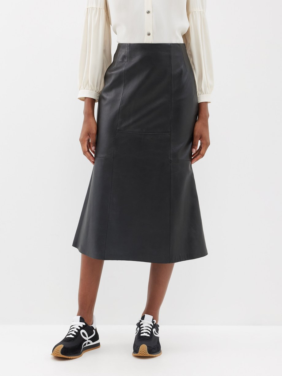Black Lucille fluted-hem leather midi skirt | Cefinn | MATCHESFASHION US
