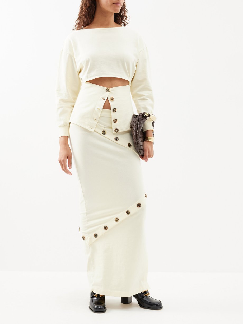 White Buttoned organic-cotton jersey maxi skirt | A.W.A.K.E. Mode