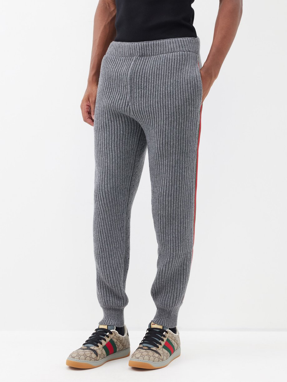 Grey Web-stripe ribbed-knit wool-blend track pants | Gucci | US