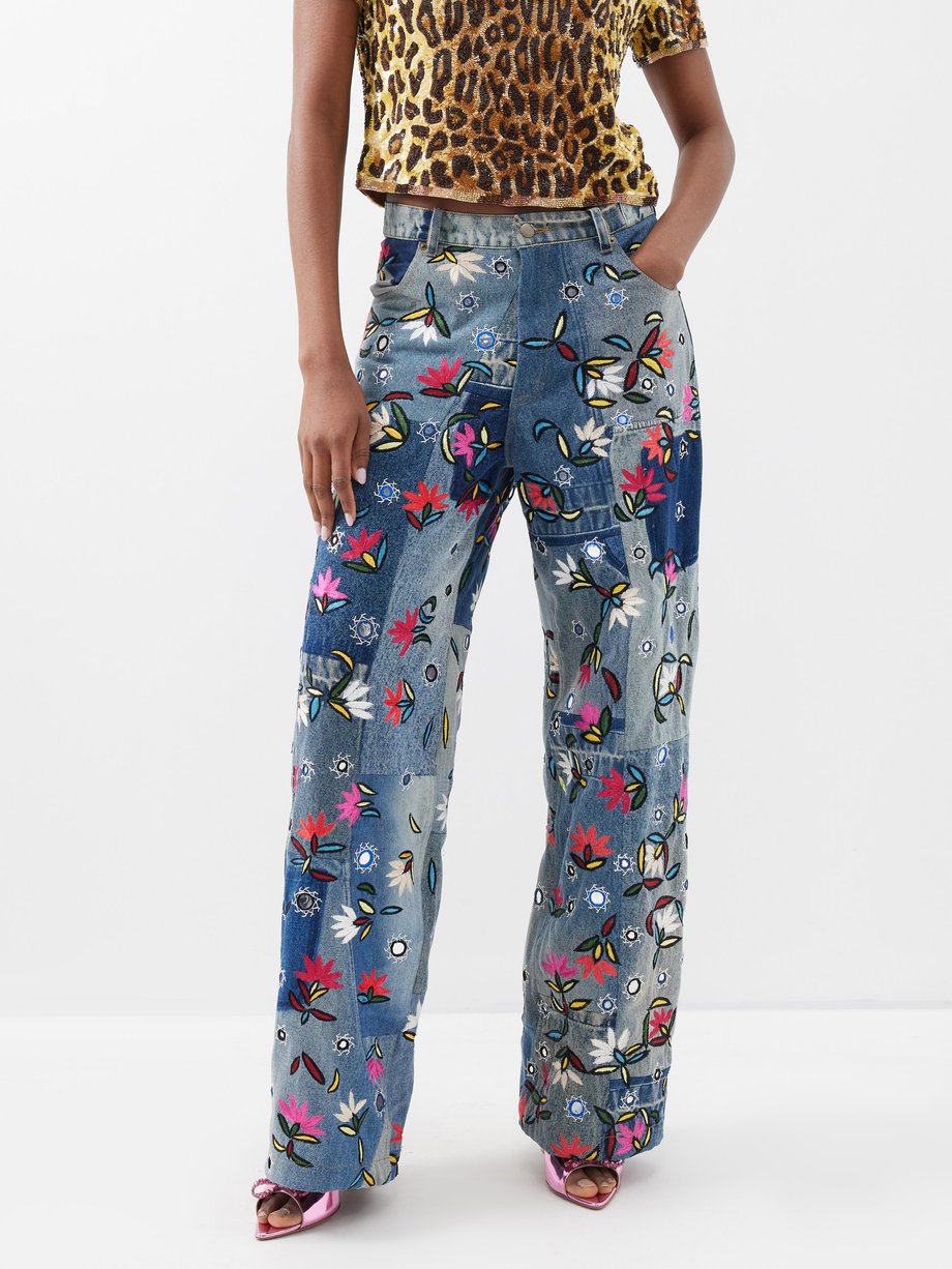 Blue Floral-embroidered patchwork-denim jeans | Ashish | MATCHES UK