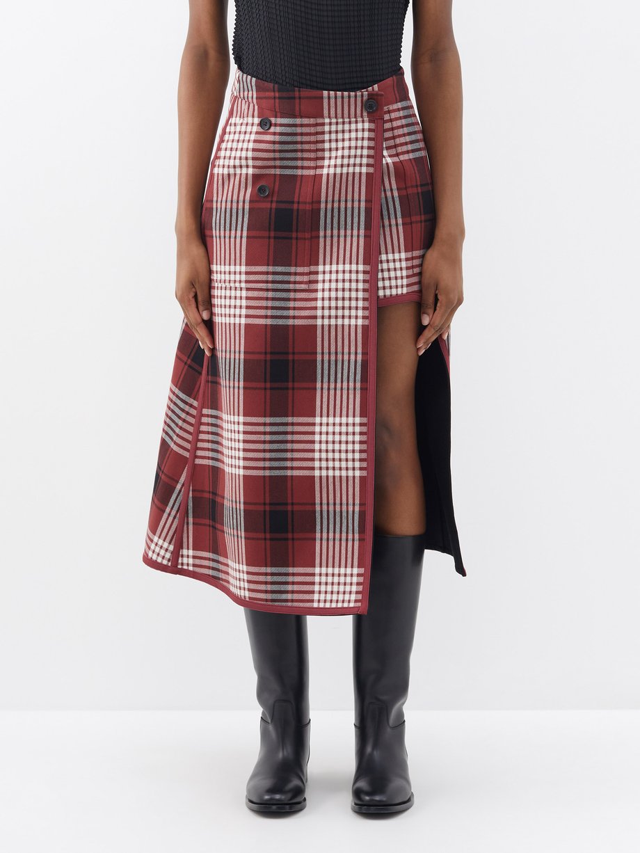 Red Counterpoint wrap-front check cotton-blend skirt | Issey Miyake ...