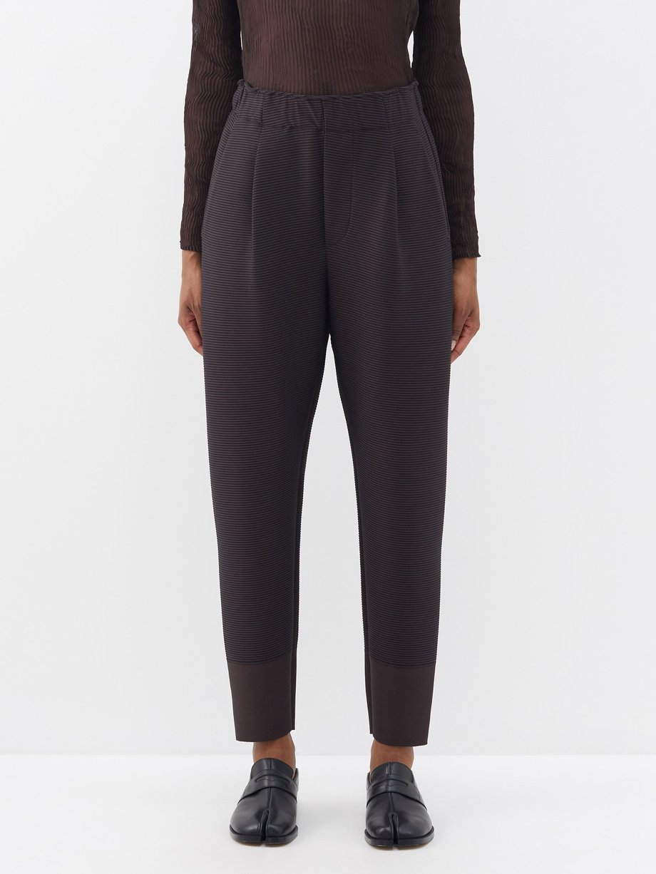 Brown Elasticated-waist ribbed-jersey trousers | Pleats Please Issey Miyake  | MATCHES UK