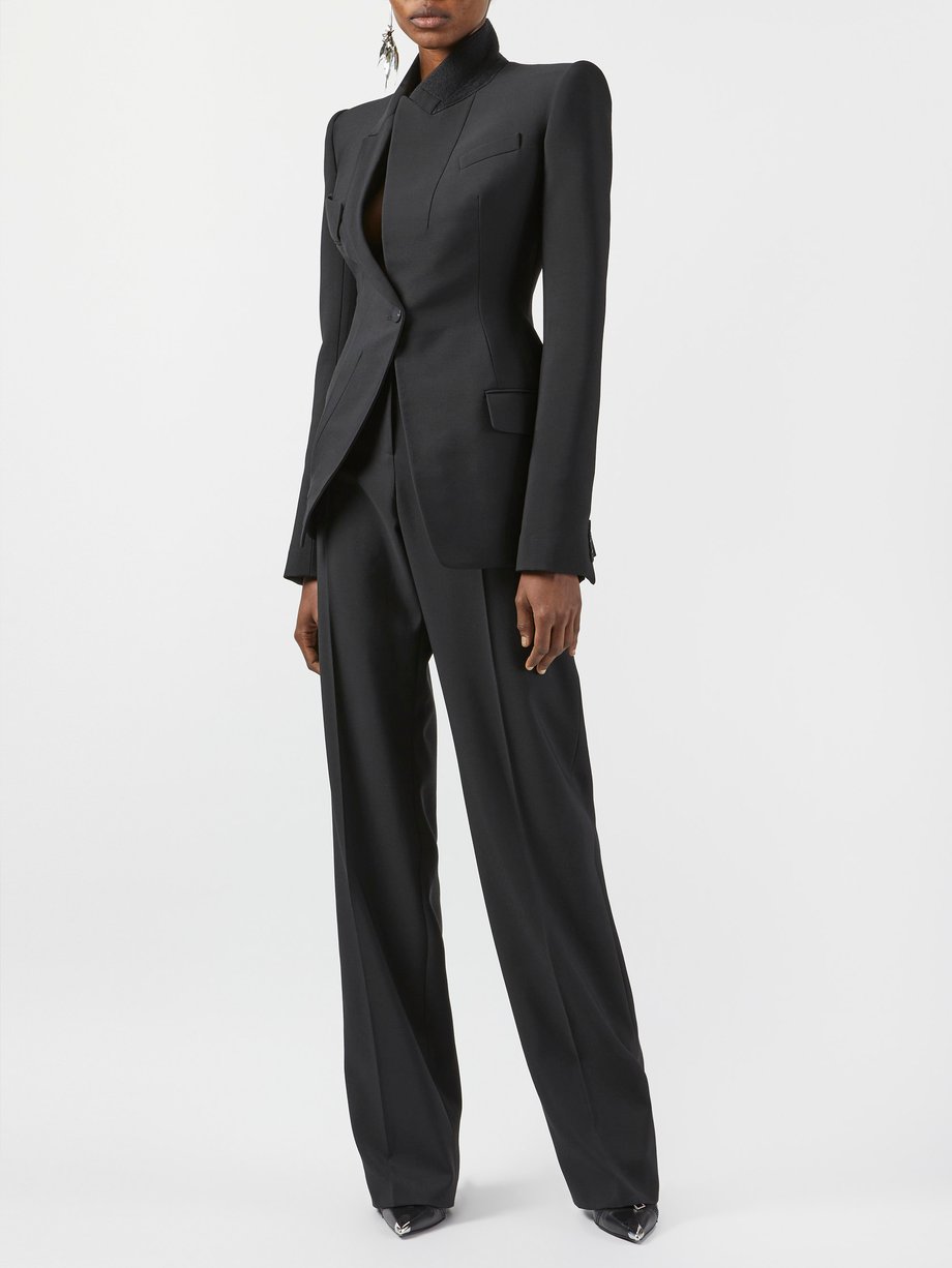 Black High-rise wool wide-leg trousers