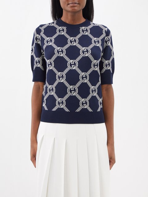 Navy white GG-jacquard cotton-blend short-sleeved sweater, Gucci