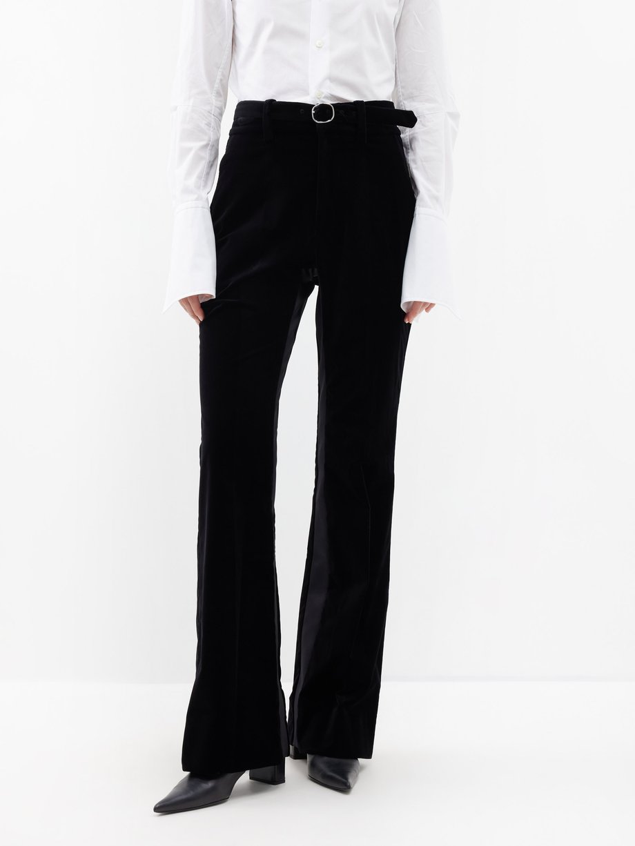 Black Velvet Pintuck Detail Flared Trousers | PrettyLittleThing