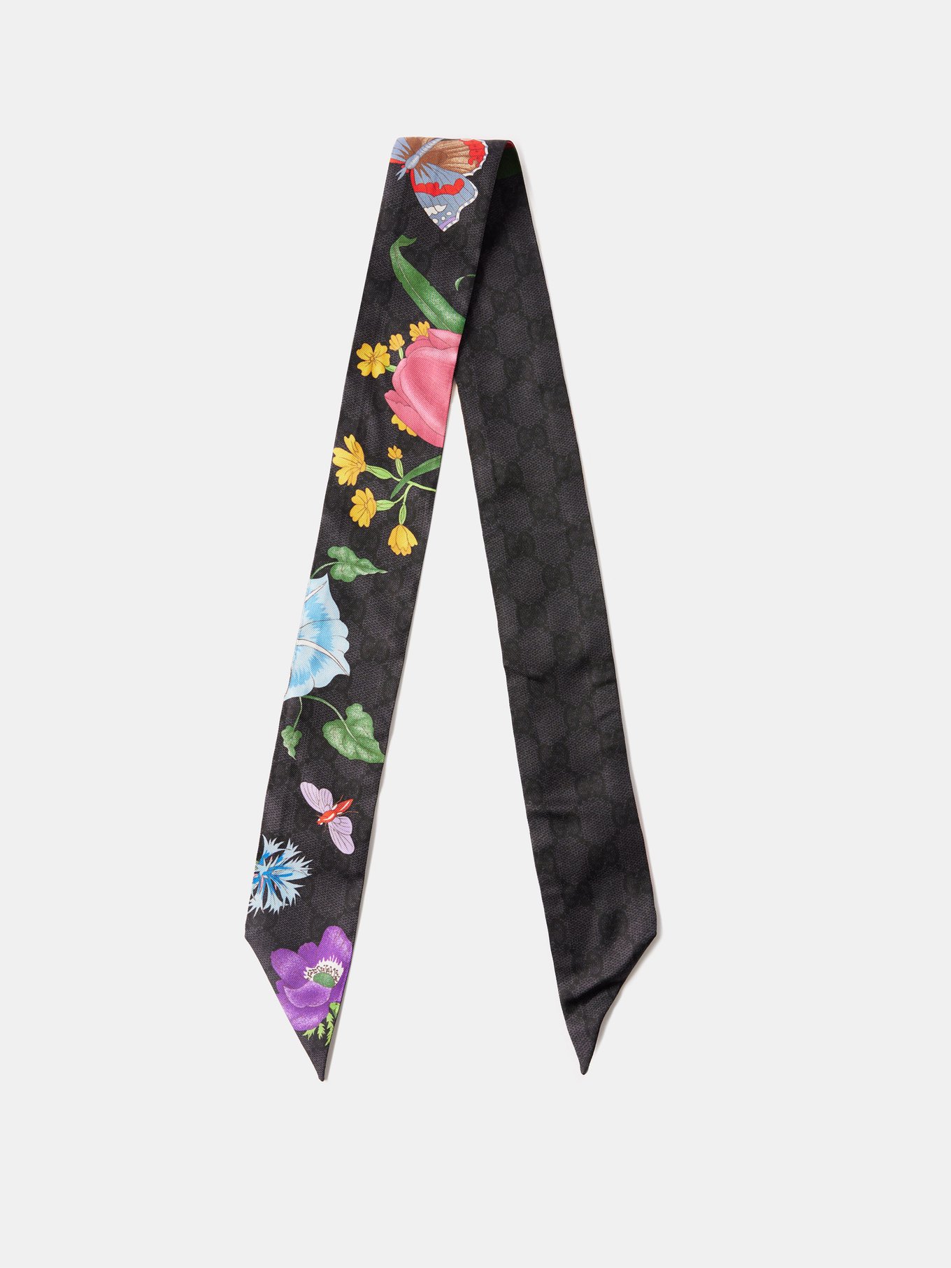 Black Floral-print silk-twill scarf, Gucci