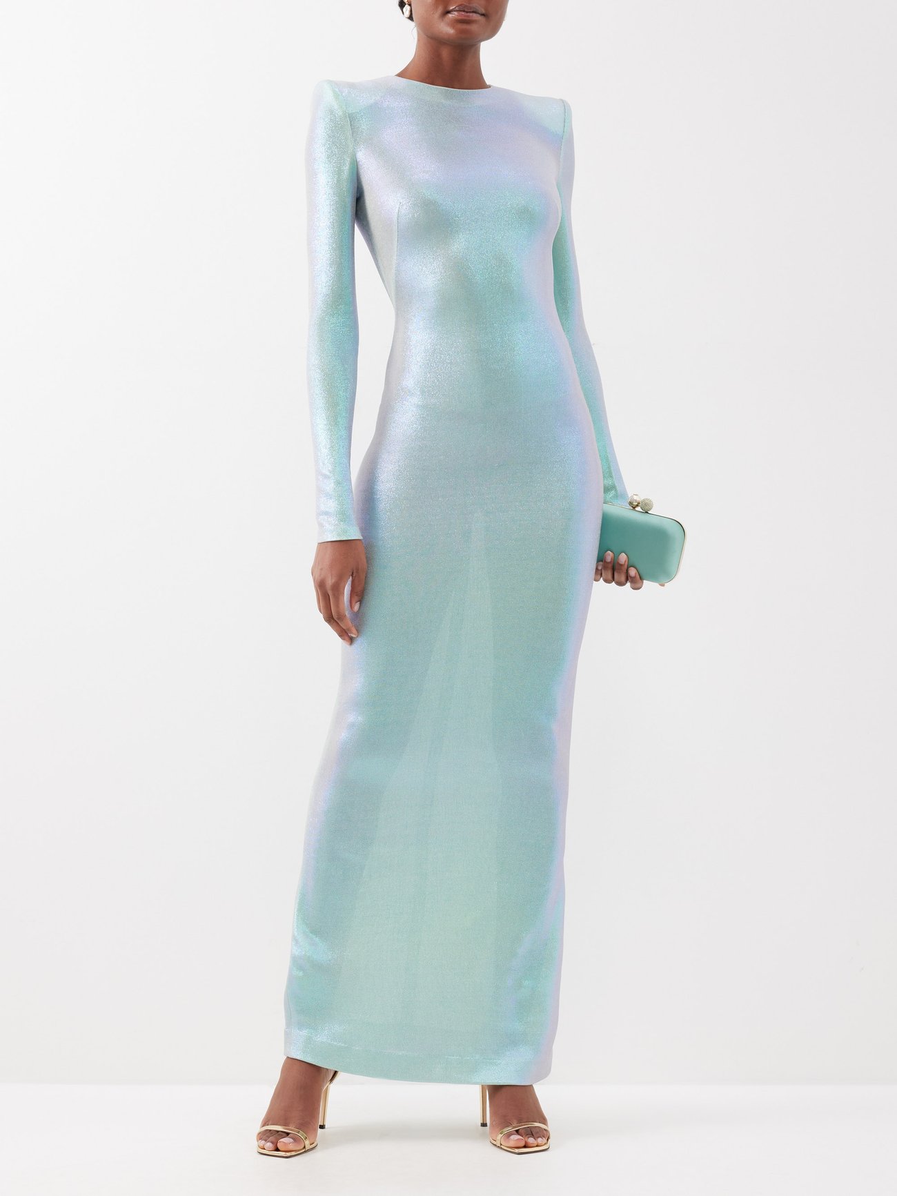 Silver Frieze fitted foiled-jersey gown | Galvan | MATCHES UK