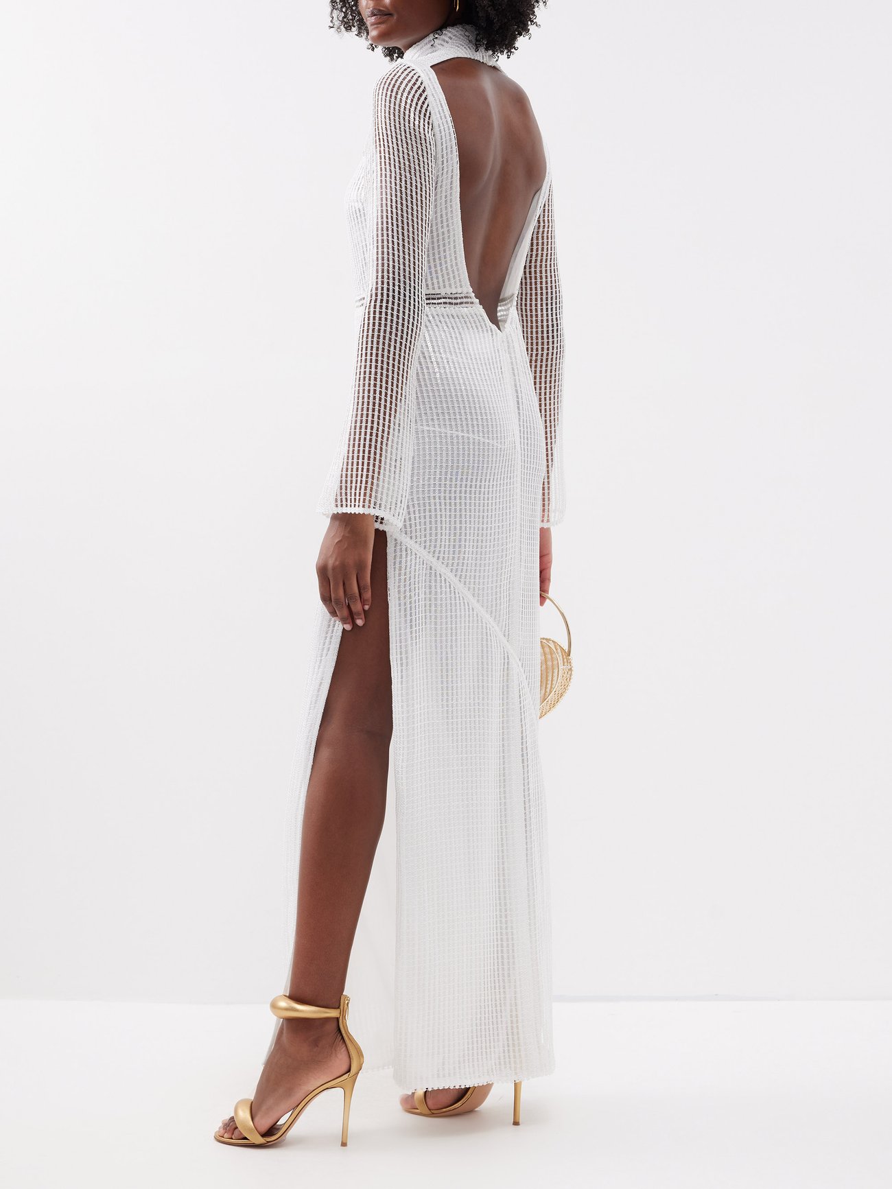 White Iona high-neck sequinned macramé gown, Galvan