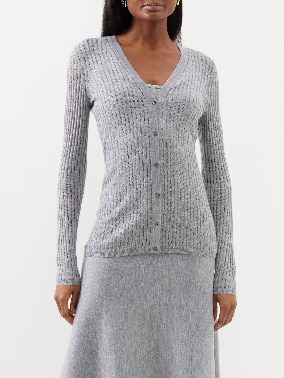 Grey Emma ribbed pointelle-knit cashmere-blend cardigan