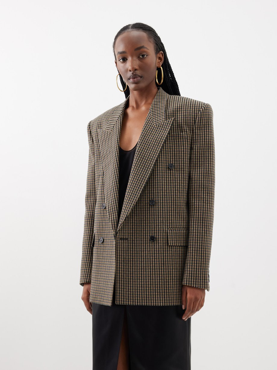 Brown Double-breasted check wool-blend jacket | Saint Laurent | MATCHES UK