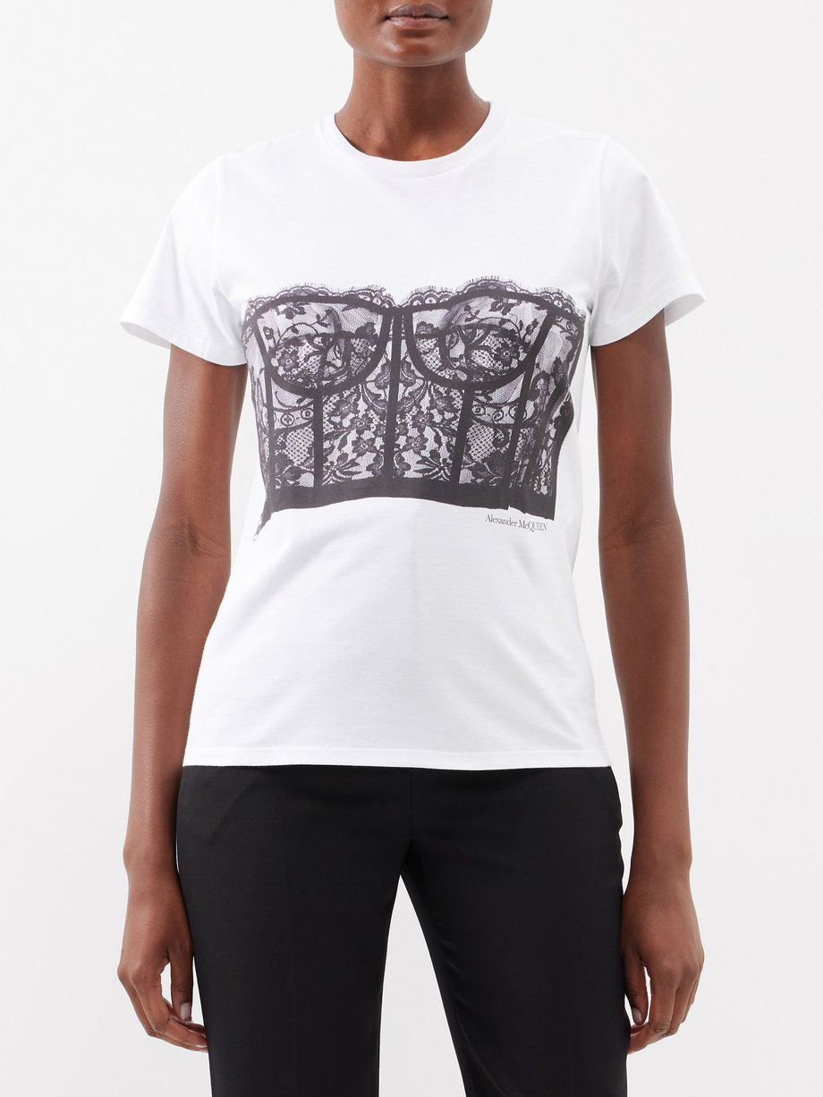 White Lace bustier-print cotton-jersey T-shirt