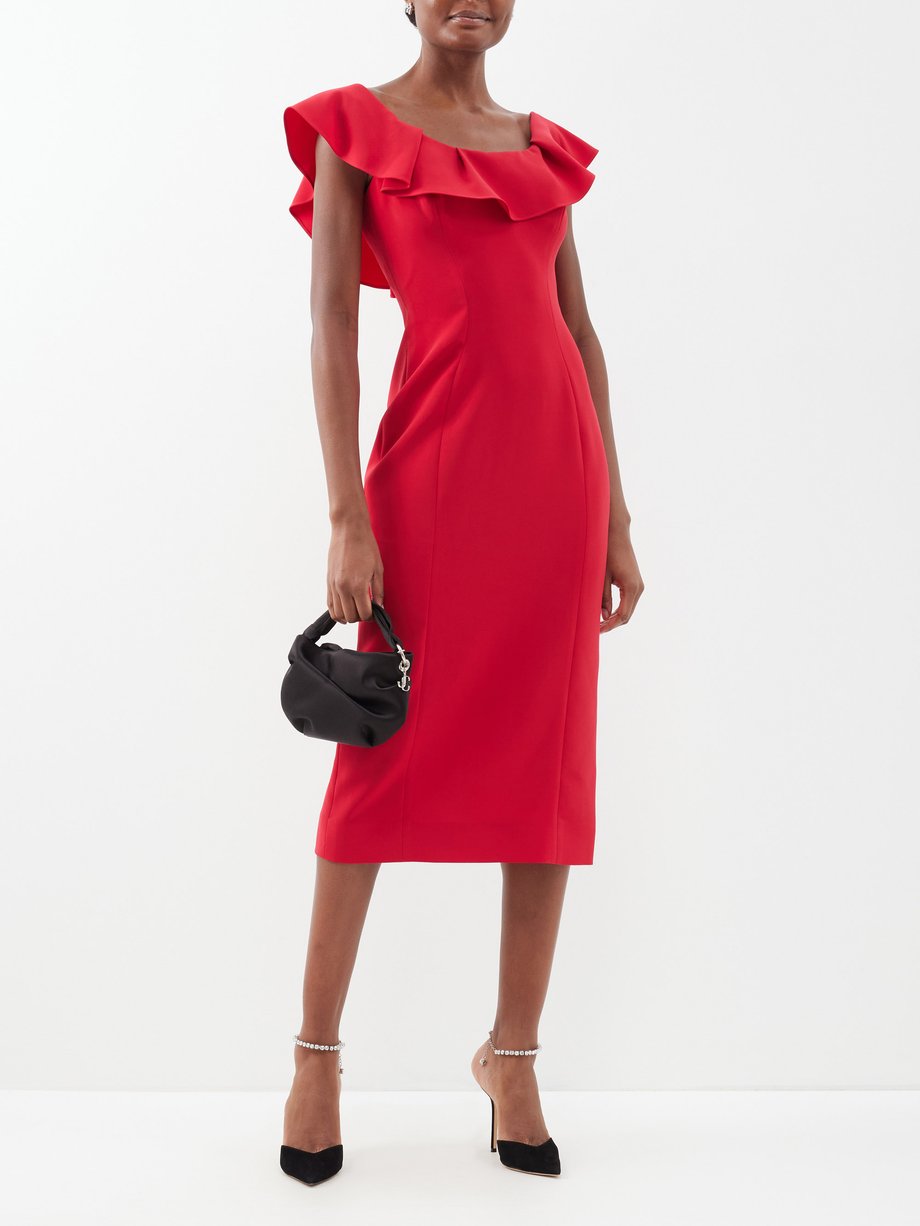 Red Ruffled-neckline crepe midi dress | Carolina Herrera | MATCHES UK