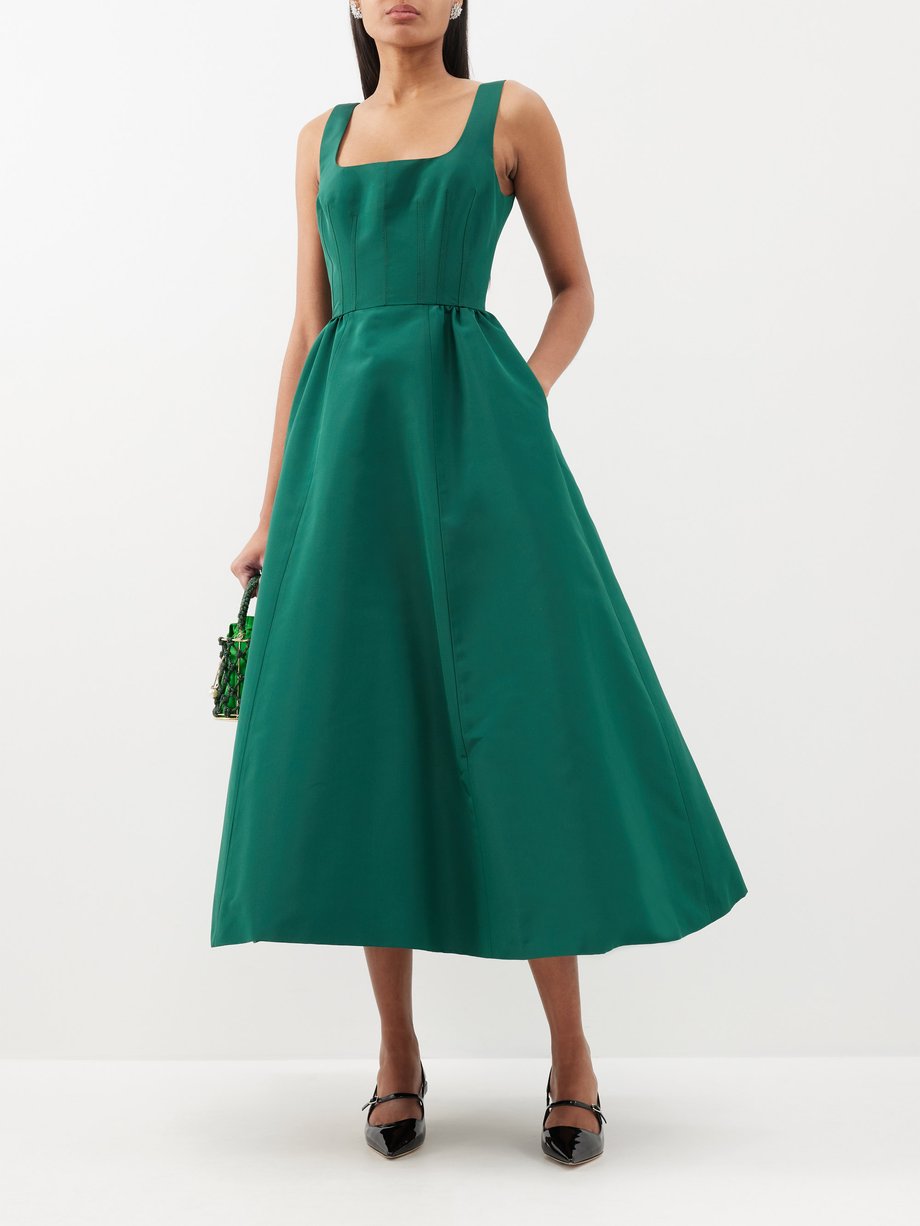 Green Square-neck silk-faille midi dress | Carolina Herrera | MATCHES UK