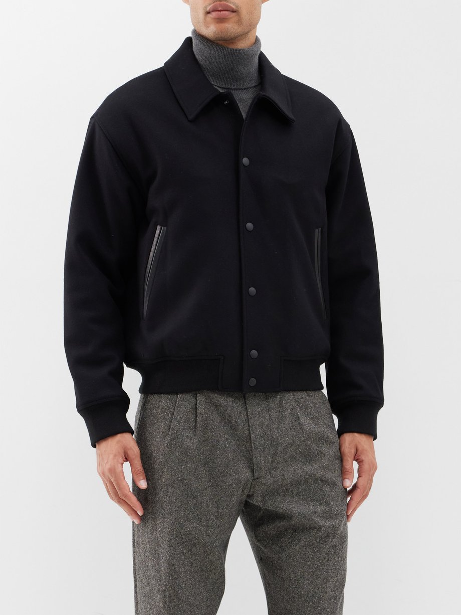 Black Leather-trim wool varsity jacket | FRAME | MATCHES UK
