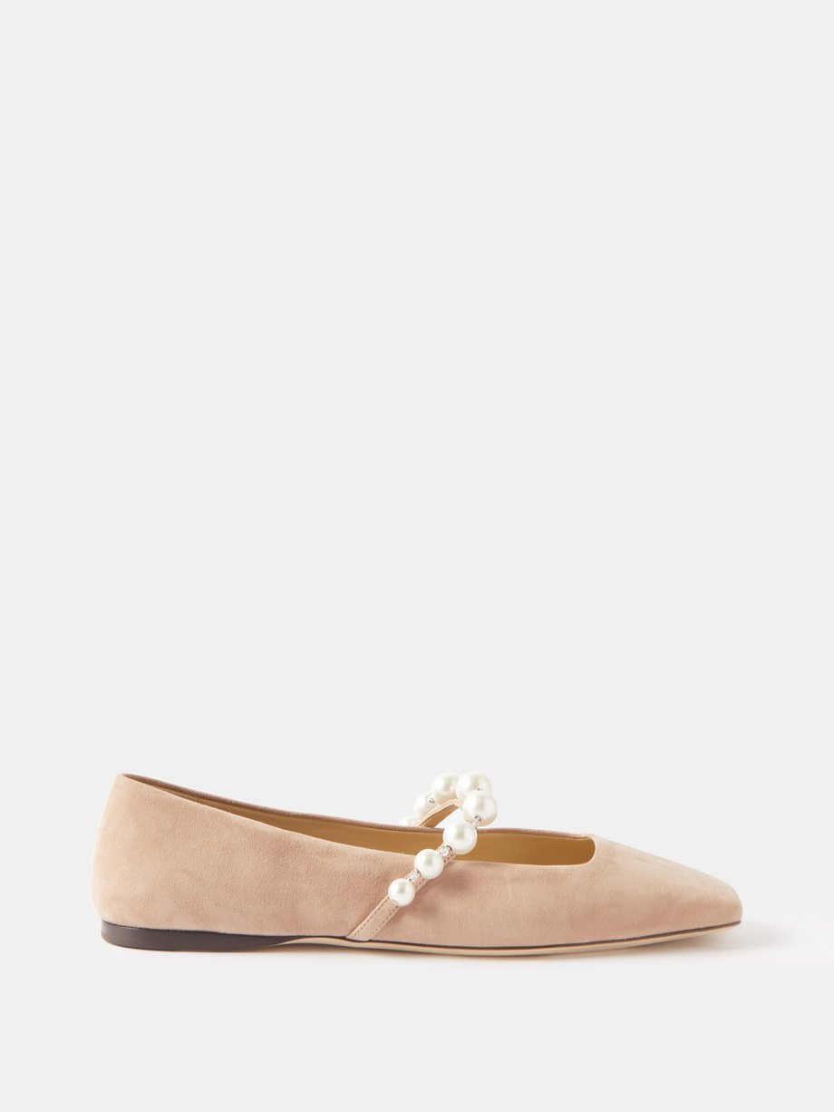 Pink Ade faux pearl-embellished suede ballet flats | Jimmy Choo
