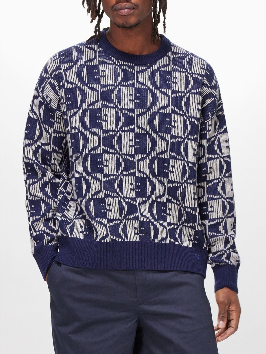 Acne Studios Acne Studios Face Patch wool-blend jacquard sweater Blue ...