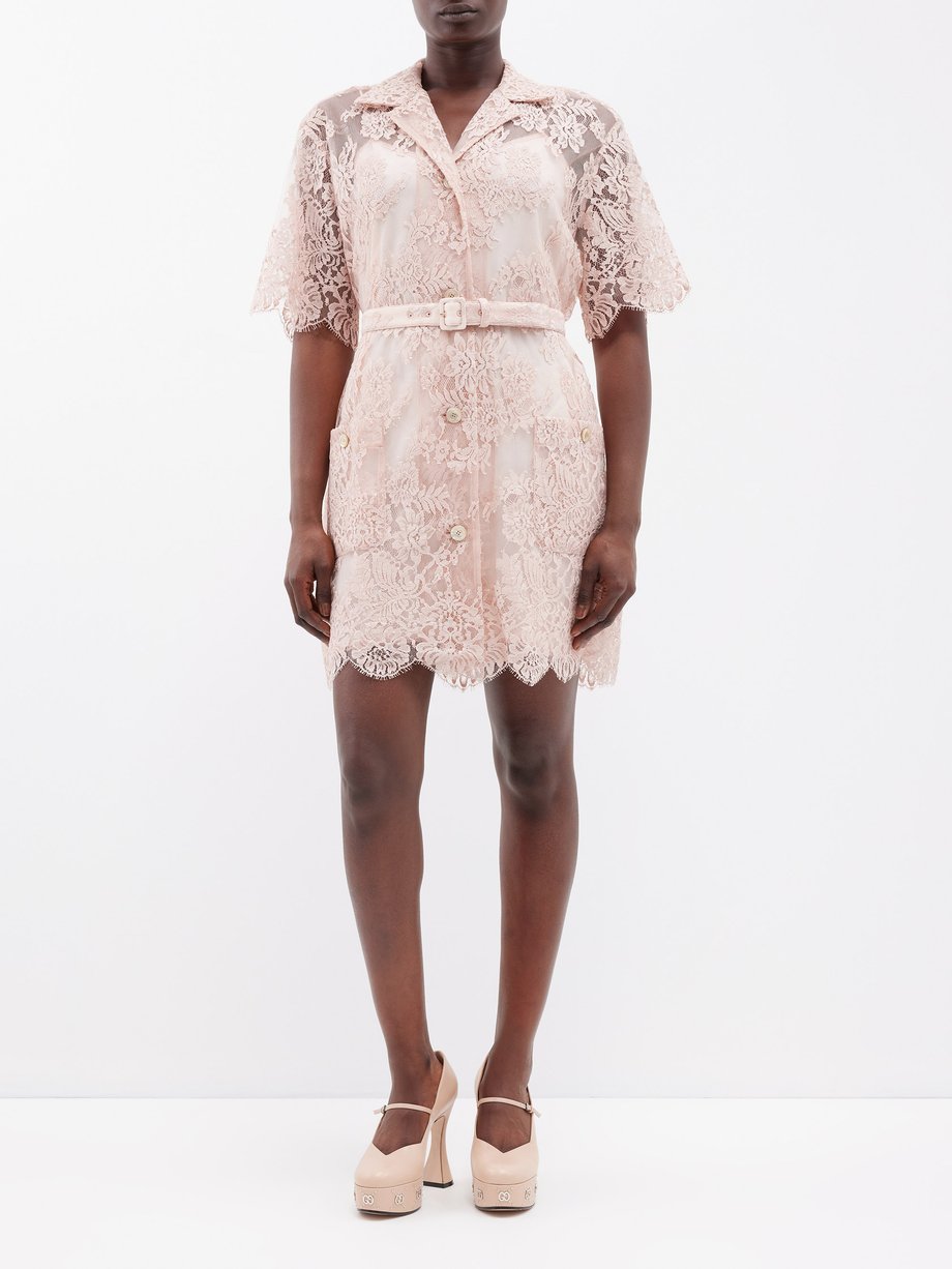 Pink Lace-overlay belted cotton-blend mini dress | Gucci ...