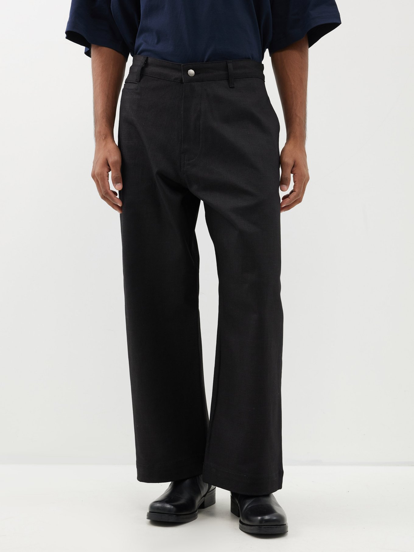 Black Leather-patch wide-leg jeans | Studio Nicholson