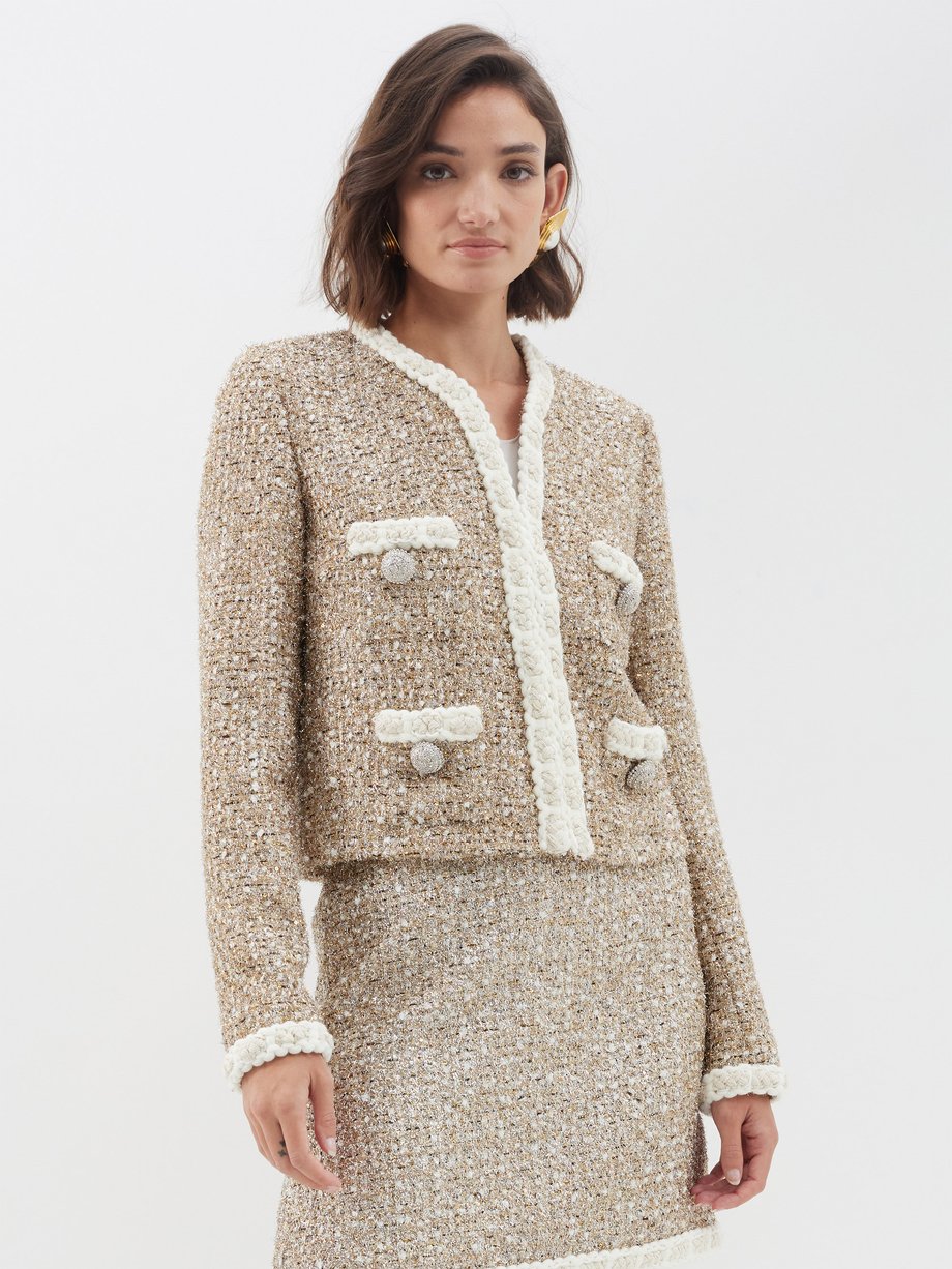 Tops Chanel Cream Sparkly Tweed Blazer and Skirt Set - Size FR 42
