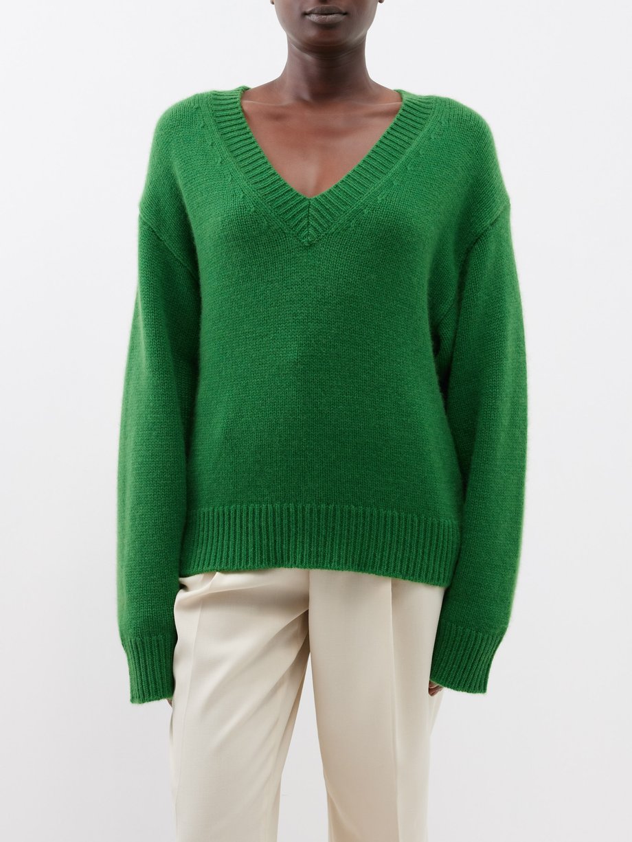 Green V-neck dropped-shoulder wool-blend sweater | Toteme | MATCHES UK