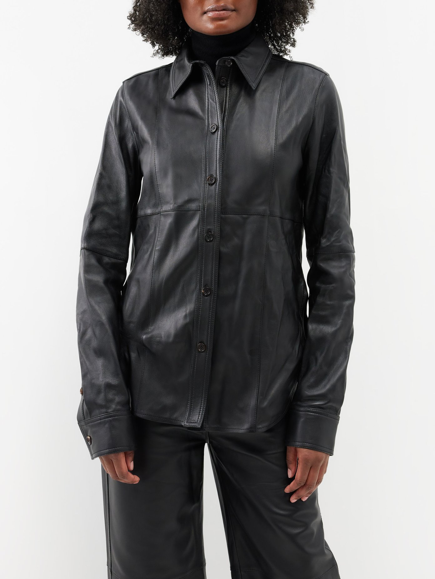 토템 Toteme Panelled leather shirt,Black