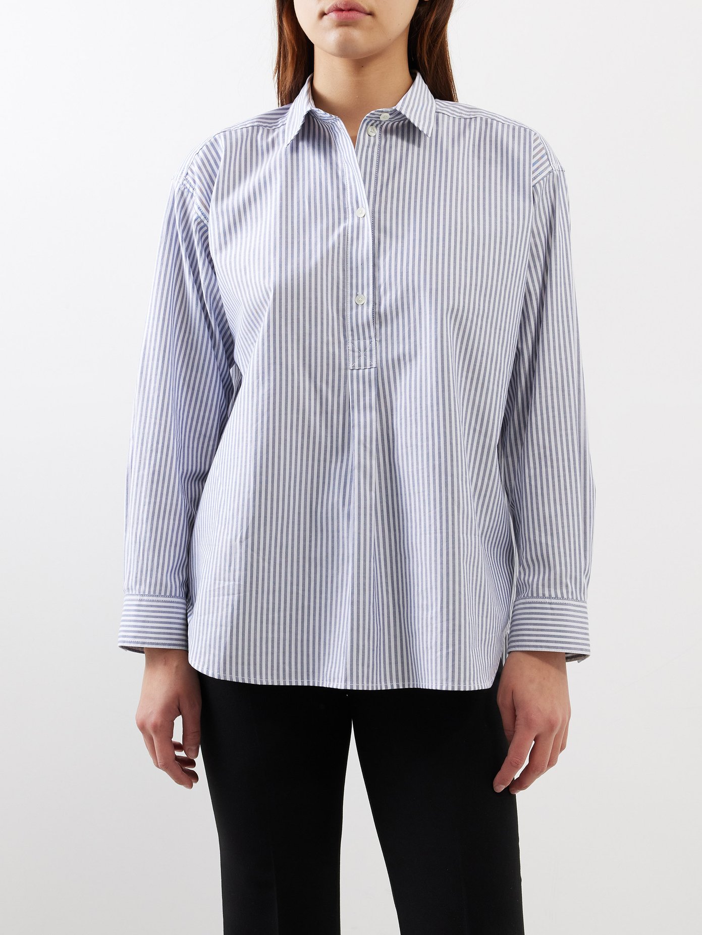 토템 Toteme Half-button striped organic-cotton Oxford shirt,Blue